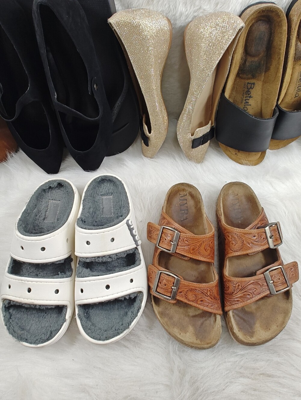 Myra Brown Buckle  + Crocs White Double Straps Slides Bundle – Women’s Size 7